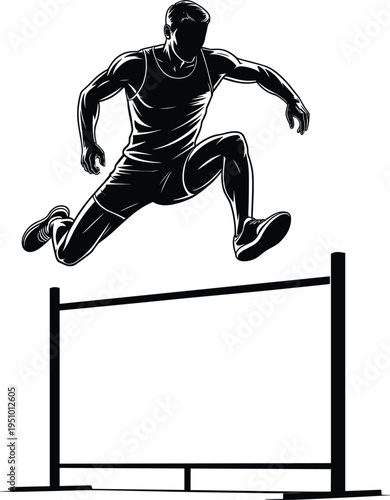 Silhouette of a male athlete jumping over a hurdle in track field