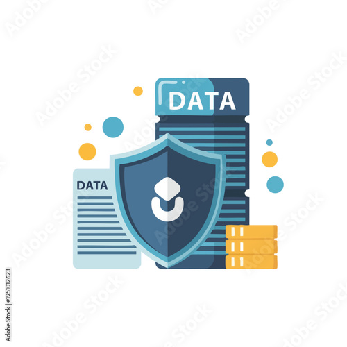 Stylized shield protects stacked documents and coins, suggesting data security
