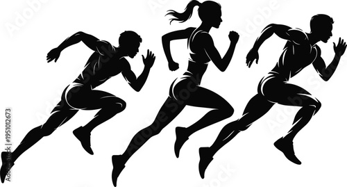Set of three professional runners sprinting in silhouette for sports competition design