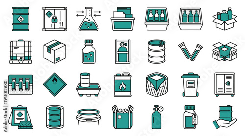 Hazardous materials and chemical storage icon set. Barrels, waste, containers, toxic, safety, flammable, shipping, gas, flask, cylinders, logistics, fuel, lab