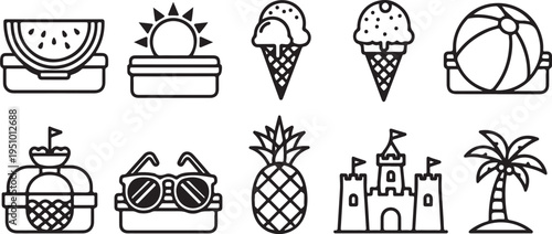 Assorted summer icons including fruit, beach items, and activities Vector