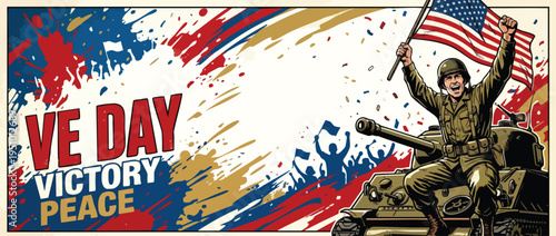 Victory Parade Soldier Celebrating in a Dynamic Heroic Pose with American Flag