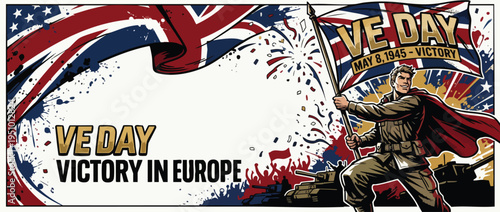 Victory Commemoration Banner with Dynamic Heroic Soldier Holding a Patriotic Flag