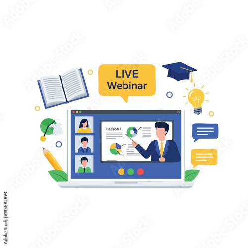 Digital learning via laptop with live webinar, notes, and graduation cap