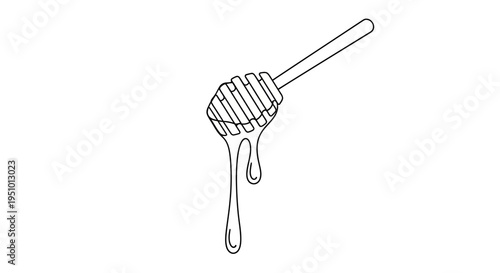 Honey dipper with dripping honey, simple line art illustration, isolated on white background