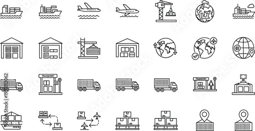Global logistics and freight transportation line icon set featuring cargo ships, airplanes, warehouses, container trucks and international shipping operations