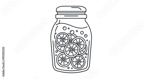 Jar of Sliced Lemons in Water with Bubbles, Line Art Icon