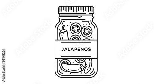 Jar of Pickled Jalapenos with Slices and Whole Peppers, Line Art Illustration