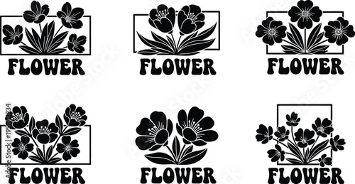 Six stylized black floral emblem designs featuring various arrangements of textured flower clusters within rectangular frames.