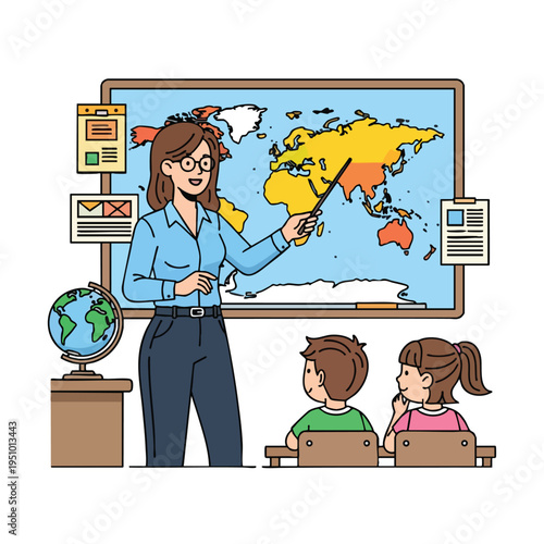Teacher pointing at world map, instructing two children in a classroom