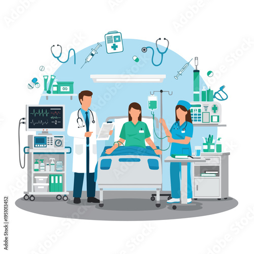 Doctor and nurse attend patient in hospital room with medical equipment