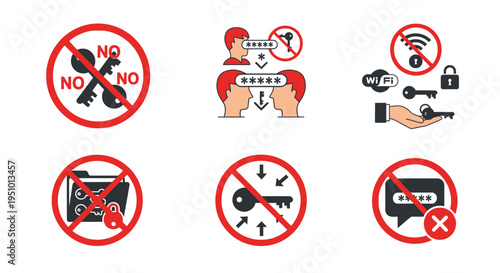 Collection of security and privacy violation icons illustrating prohibitions against sharing passwords, exposing encryption keys, and unauthorized access to protected data resources