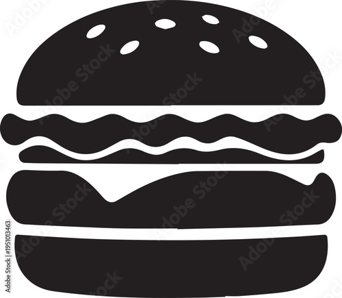 Black and white illustration of a classic cheeseburger with sesame seed bun