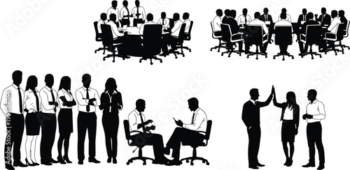 Business people silhouettes collection, corporate teamwork meeting and communication, office professionals group, collaboration concept, black vector illustration isolated set