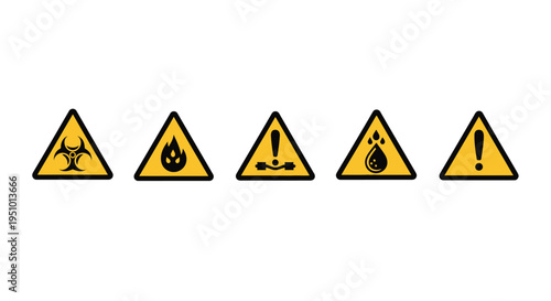 A collection of five distinct warning hazard signs including biohazard fire corrosive water damage and general alert symbols displayed horizontally.