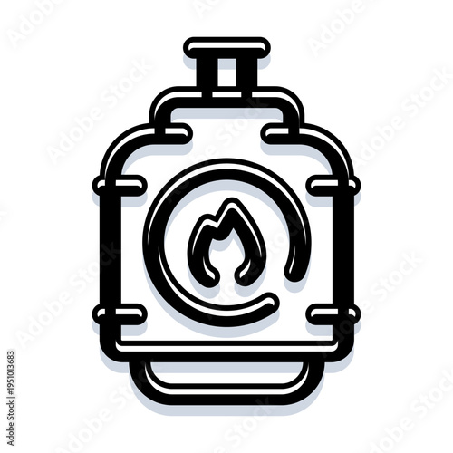 Gas cylinder portraying a flame symbol inside an at sign in a minimalist linear black and white style, useful for energy illustrations and cooking appliance designs