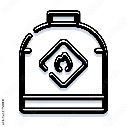 Gas tank outline icon featuring a prominent flame symbol, illustrating concepts of fuel and flammable energy with a simple vector design suitable for web and digital applications
