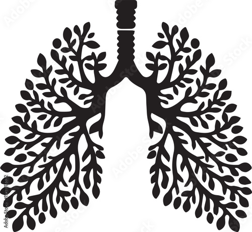 Black silhouette of human lungs with branching tree-like bronchi on white background for health and medical concepts
