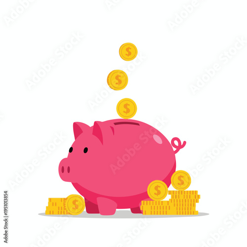 Pink piggy bank with coins falling in and stacked around it on a white background