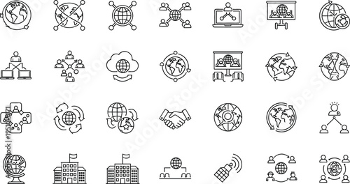 Global business and international communication line icon set featuring world maps, partnerships, networking, digital connections and worldwide collaboration concepts