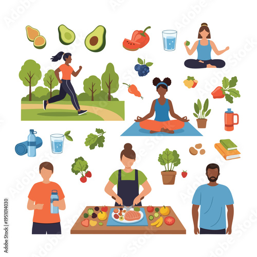 Healthy lifestyle collage with exercise, meditation, and fresh food prep