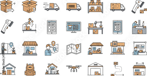 Warehouse logistics and delivery service vector icon set featuring packaging boxes, courier trucks, barcode scanning, drones, storage facilities and supply chain operations