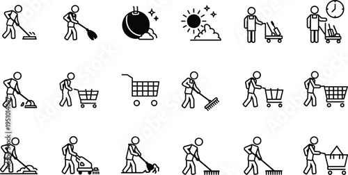 Cleaning and maintenance line icons set, janitor tools and equipment symbols, housekeeping service concept, outline vector illustration isolated collection