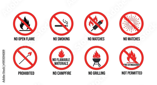 Collection of eight prominent circular prohibition signs illustrating various fire safety regulations including bans on open flames smoking matches and grilling activities