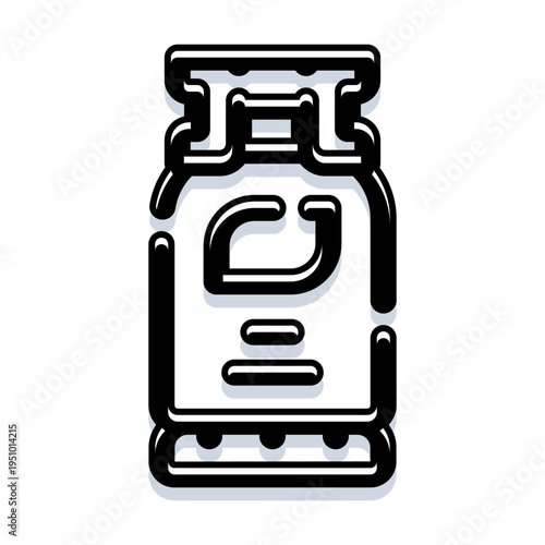 Gas fuel tank pictogram with bold outline and drop shadow on white background, minimalist black and white icon representing cooking, heating, propanebutane storage and supply