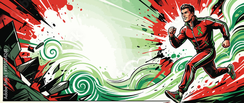 Jogging Athletic Man with Green Ribbon Abstract Background
