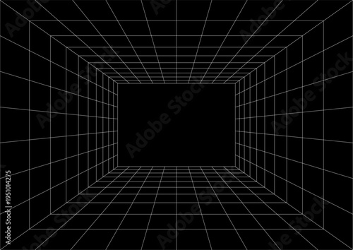 Futuristic Grid Structure Of Empty Room With White Far Wall. Moving Perspective Energetic Grid Structure Fine Lines. Simple Black White Dynamic Background