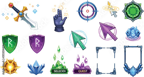 Fantasy RPG game UI elements vector set featuring swords, shields, magic crystals, cursors, quest icons, frames and mystical interface assets