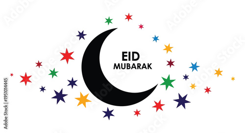 A crescent moon and colorful stars celebrate eid mubarak in a striking silhouette high quality professional