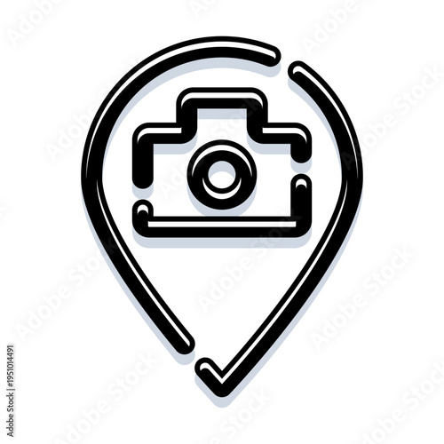 Photography location pin icon combining a camera and map marker, ideal for travel, tourism, geotagging, navigation, apps and web design to mark photo spots and destinations