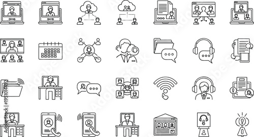 Online communication and remote work line icon set featuring video conference, cloud collaboration, digital meetings, file sharing and virtual teamwork tools