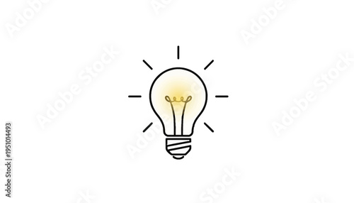 Glowing Incandescent Light Bulb Icon with Rays on White Background - Idea Symbol
