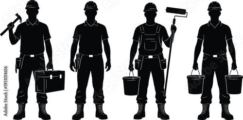 Construction worker silhouettes with tools, builder and painter characters, industrial labor concept, maintenance and repair service, black vector illustration set