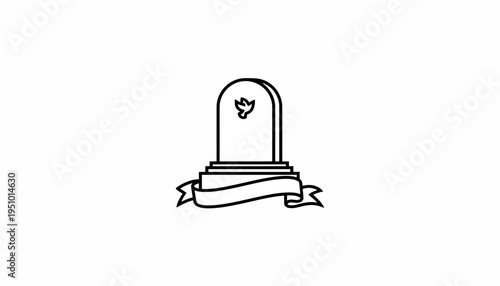 Gravestone with Dove Silhouette and Ribbon Banner - Minimalist Line Art