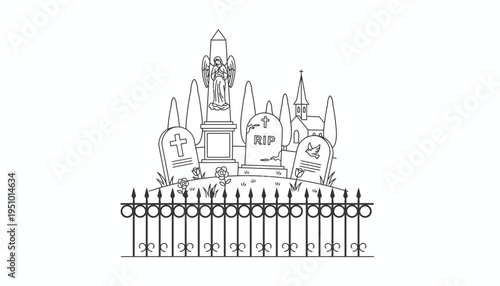 Graveyard Scene with Tombstones, Angel Statue, and Church - Black and White Line Art