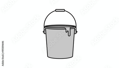 Gray Bucket with Dripping Paint, Simple Line Art Illustration