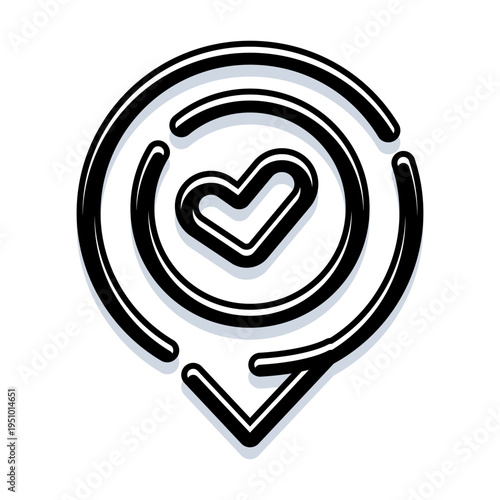 Heart symbol inside a creative black and white location pin icon, representing concepts of favorite places, travel, love, marking a special spot, or finding something you like on a map