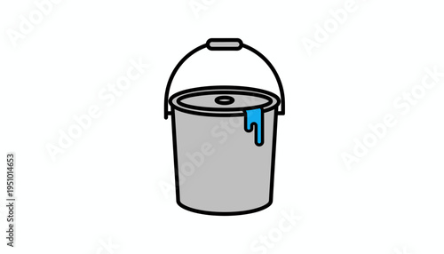 Gray paint bucket with blue paint dripping over the side, isolated on white background