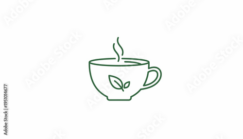 Green Tea Cup Icon with Steam and Leaf Symbol, Healthy Beverage Concept