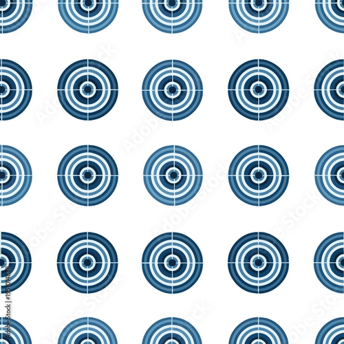 Seamless pattern of blue and white concentric semicircles with crosshairs
