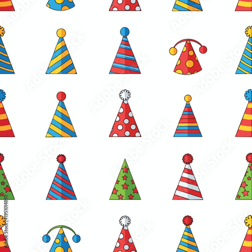 A repeating pattern of colorful party hats with various designs and decorations