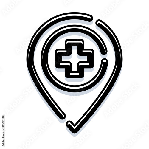 Medical cross symbol inside a map pin indicating the location of healthcare services, a clinic, or a hospital, representing concepts of navigation, findability, and health network