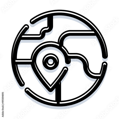 Global map pin icon marking a specific point on an abstract navigational map, symbolizing exact positioning, travel destinations, digital navigation, and geographic information