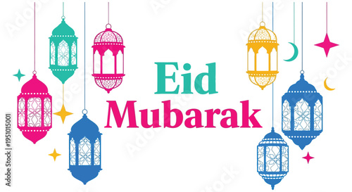 Colorful eid mubarak greeting with hanging lanterns and crescent moons a striking silhouette high quality professional
