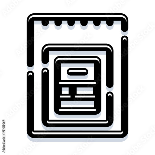 Notebook with spiral binding open to an inner page showing text boxes and lines, minimalist black and white outline representing writing, planning, organization and study tools