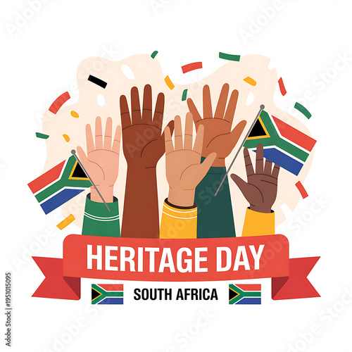 A vibrant illustration celebrating Heritage Day in South Africa with diverse hands raised